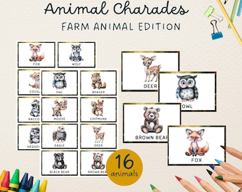 Charader med skogsdjur, babyshowerspel, barnkalasspel, barncharadspel, roliga spel för barn, utskrivbara charader, utskrivbart spel
