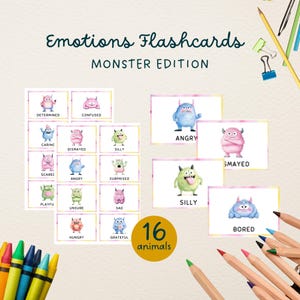 Emotions Flash Cards, Monster Edition for Kids, Montessori Material, Feelings Flash Cards, Emotion Regulation Tools for Learning