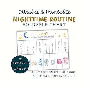Toddler Nighttime Routine Chart, Visual Schedule for Kids, Bedtime Helper, Parenting Aid, Printable Folding Chart, Customizable, Vertical