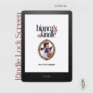 Könnte beinhalten: Ein schwarzer E-Reader mit weißem Bildschirm, auf dem der Text "bianca's kindle" und "MY LITTLE LIBRARY" in Schwarz steht, akzentuiert durch zwei rosa Rosen. Ein ovaler goldener Rahmen enthält eine Illustration einer lesenden Person.