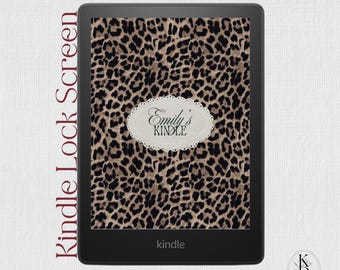 May include: A black e-reader displaying a leopard print background with a central white scalloped label containing the text Emily's KINDLE. The image includes the vertical text Kindle Lock Screen and the label EPUB File in the upper corner.