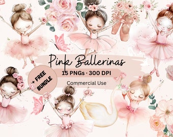 Pink Ballerina Clipart Bundle | Watercolor Ballerina PNG | Ballet Clipart Nursery, Birthday Party, Baby Shower | Cute Ballerina PNG | Ballet