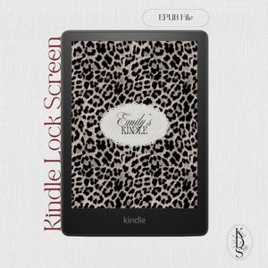May include: A black Kindle e-reader showing a leopard print lock screen with the text "Emily's Kindle." The words "Kindle Lock Screen" are on the left, and "EPUB File" is at the top.