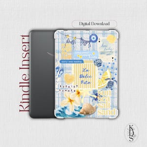 May include: A Kindle e-reader with a decorative insert featuring a blue and white checkered pattern, beach-themed illustrations including seashells, lemons, flowers, and text reading La Dolce Vita, Bookish Summer, and Emotional Support Kindle.