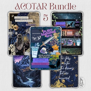 May include: A bundle of five decorative cases, each featuring a unique design with text and illustrations. The cases have a dark blue and gold color scheme, with various quotes and imagery related to fantasy themes. The text "ACOTAR Bundle" is at the top.