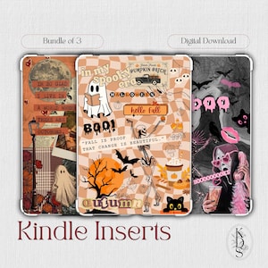 Puede incluir: Tres fundas para Kindle con temas de Halloween y otoño. Los diseños incluyen un fantasma, un esqueleto, murciélagos y las frases "In my spooky era", "Hello Fall" y "Boo!". Las fundas son una descarga digital.