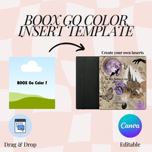 以下が含まれることがあります： BOOX Go Color インサートテンプレートを宣伝する画像。ファンタジーをテーマにしたインサート、風景画像、テキスト「BOOX Go Color 7」を備えた黒い電子書籍リーダーケースが表示されています。画像には「Drag & Drop」と「Canva Editable」のテキストも含まれています。
