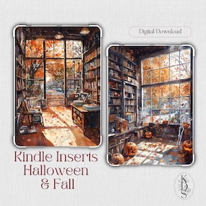 Może przedstawiać: Dwa wkłady do Kindle z akwarelowymi ilustracjami sceny bibliotecznej z jesiennymi liśćmi i dekoracjami na Halloween. Tekst "Kindle Inserts Halloween & Fall" jest wyświetlany na dole, z "Digital Download" na górze.