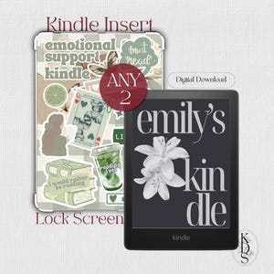 Pode incluir: Um leitor de e-books Kindle com uma tela de bloqueio personalizada com um design de flores brancas e o texto "emily's kindle". À esquerda, uma inserção Kindle com adesivos, incluindo as palavras "emotional support kindle" e "I would rather be reading."