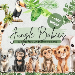 Clipart bébé animaux de la jungle | Lot de cliparts jungle aquarelle | Clipart baby shower de la jungle | Safari bébé animal PNG | Animaux de la jungle PNG