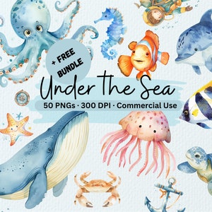 Aquarell Unterwasser Clipart-Bundle | Niedliche Ozean Tiere PNG | Meer Clipart | Qualle | Meeresgärtnerei | Unterwasser-Babyparty