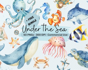 Watercolor Underwater Clipart Bundle | Cute Ocean Animals PNG | Under The Sea Clipart | Jellyfish | Sea Nursery | Underwater Baby Shower