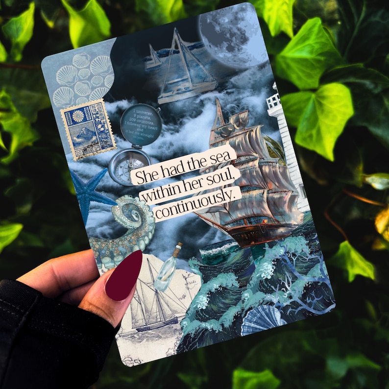 May include: A collage with a nautical theme, featuring a sailing ship, lighthouse, and compass, with the text "She had the sea within her soul, continuously." The artwork has a vintage style with a blue and white colour scheme.