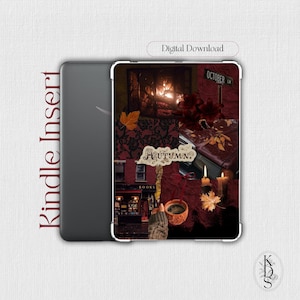 May include: A Kindle insert featuring a digital collage with an autumn theme. The design includes a fireplace, a street sign reading OCTOBER, a bookstore, a cup of coffee, candles, and fallen leaves. The text AUTUMN is centred in the collage.