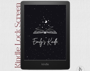 May include: A black Kindle e-reader displaying a custom lock screen with a starry night design, a crescent moon, and an open book illustration. The text "Emily's Kindle" is in script. The words "Kindle Lock Screen" are printed vertically on the left.