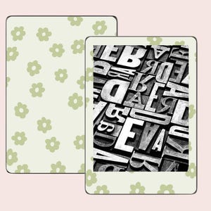 May include: A black and white image of a Kindle e-reader with a floral pattern on the front and back. The screen displays a close-up of a jumbled collection of metal letterpress type.