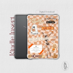 May include: A Kindle insert featuring a wavy beige and tan checkerboard background with autumn-themed stickers including a ghost reading a book, a skeleton, a pumpkin patch truck, a coffee cup, and the text in my spooky era and fall is proof.