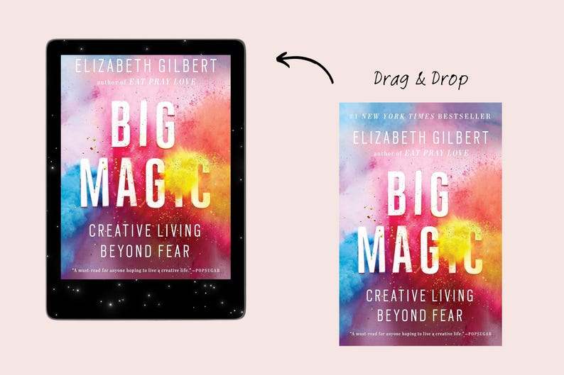 May include: A book cover with a colorful background of pink, yellow, blue, and red. The title of the book is "Big Magic: Creative Living Beyond Fear" by Elizabeth Gilbert, author of "Eat Pray Love".