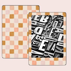 May include: A black and white image of a pile of letterpress printing blocks. The image is on a white e-reader with a pink and orange checkered pattern.
