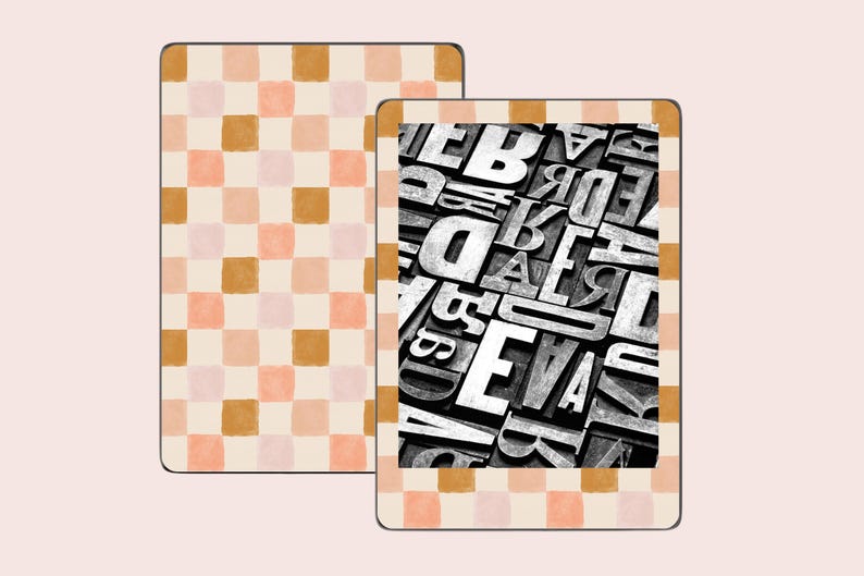 May include: A black and white image of a pile of letterpress printing blocks. The image is on a white e-reader with a pink and orange checkered pattern.