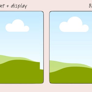 May include: Two illustrations of a landscape with a blue sky, white clouds, and green hills. The left image is labeled "Front + display" and the right image is labeled "Back".