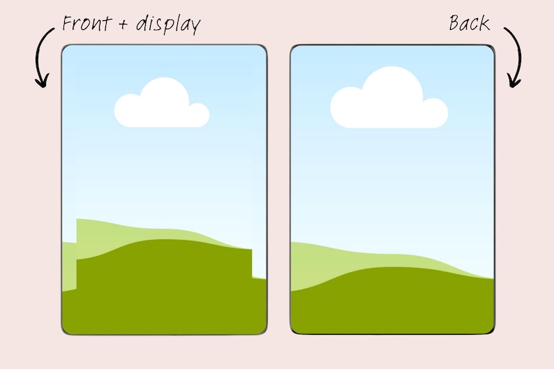 May include: Two illustrations of a landscape with a blue sky, white clouds, and green hills. The left image is labeled "Front + display" and the right image is labeled "Back".