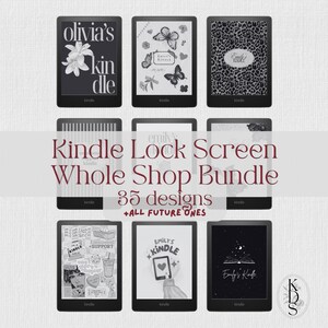 May include: A collection of Kindle lock screen designs. The image showcases various Kindle screens with different designs, including floral, butterfly, and leopard print patterns. The text "Kindle Lock Screen Whole Shop Bundle" is displayed.