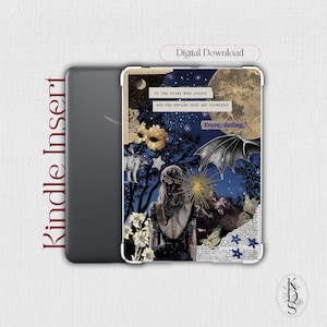 Könnte beinhalten: Kindle-Einsatz mit einem Collage-Design mit einer Frau, einem Fledermausflügel, einer Maske und dem Text "TO THE STARS WHO LISTEN AND THE DREAMS THAT ARE ANSWERED Feyre, darling." Das Design ist vor einem dunkelblauen Sternenhintergrund angeordnet.