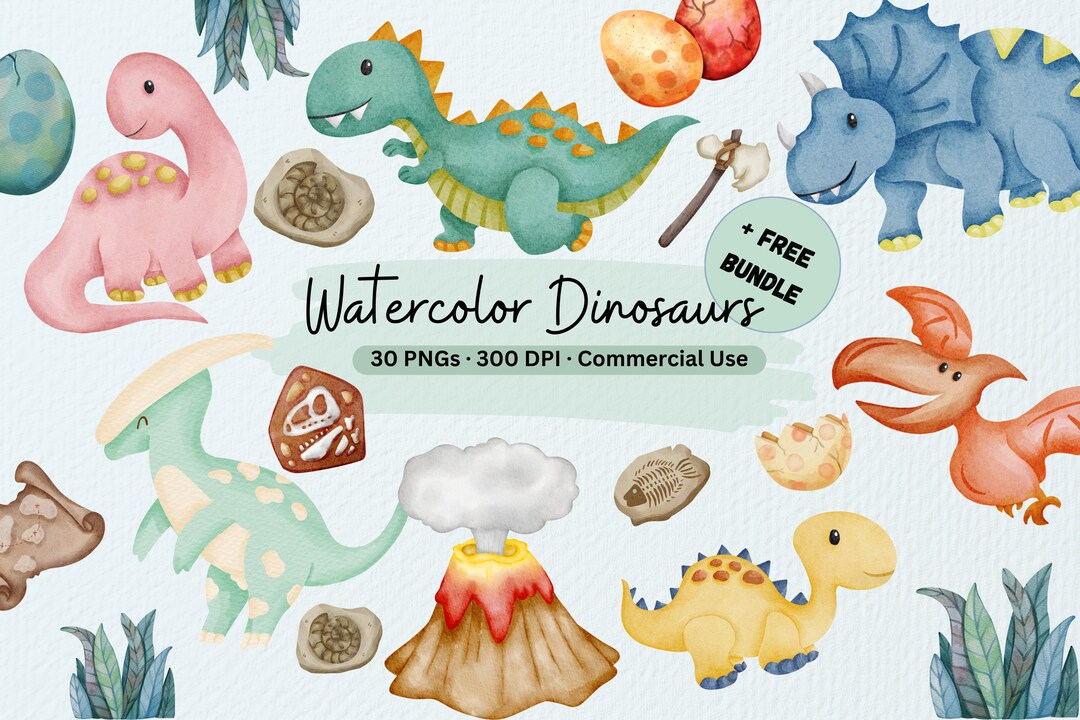 Watercolor Dinosaur Clipart Bundle | Dinosaur PNG | Dinosaur Baby ...