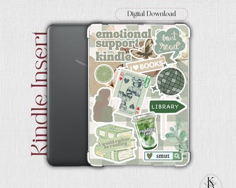 May include: A Kindle Insert with a decorative cover featuring a collage of stickers. The stickers include text that says "emotional support kindle", "must read", "I love books", and "reading fuel". The cover has a green and white checkered pattern.