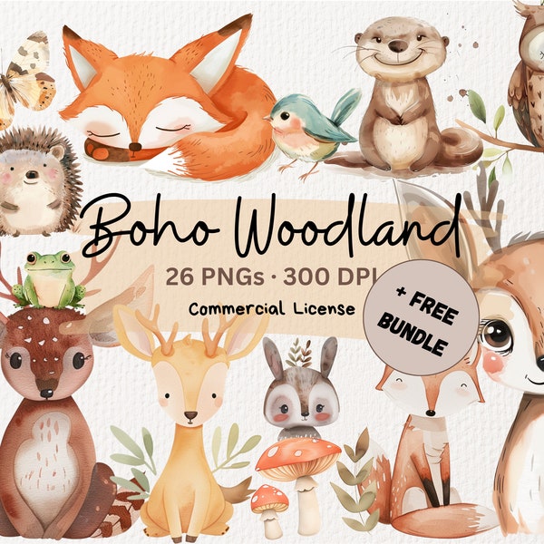 Clipart forêt bohème | Clipart Animaux des bois mignons | Bébés animaux | Clipart baby shower des bois | Pépinière forestière | Animaux de la forêt bohème