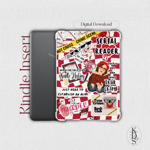 May include: Kindle insert with a red and white checkered design, featuring text and graphics related to true crime and reading. Includes phrases like "Serial Reader" and "True Crime Book Club."