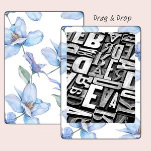 May include: Two Kindle e-reader covers with different designs. The first cover features a white background with a blue floral pattern. The second cover features a black and white pattern of letters.