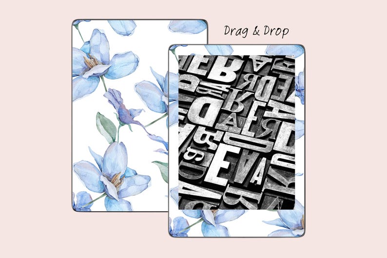 May include: Two Kindle e-reader covers with different designs. The first cover features a white background with a blue floral pattern. The second cover features a black and white pattern of letters.