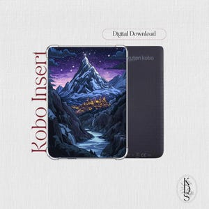 May include: A Kobo Insert with a digital illustration of a mountain landscape, river, and town. Beside it is a black Kobo device. The text "Digital Download" is above the Kobo. The insert is labelled "Kobo Insert".