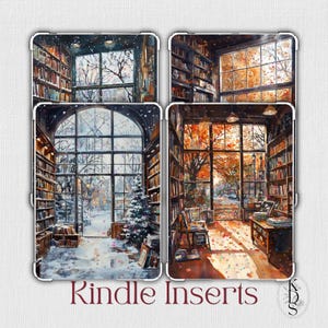 Puede incluir: Insertos para Kindle con ilustraciones en acuarela de acogedoras bibliotecas con grandes ventanas. Las escenas representan el invierno con nieve y el otoño con hojas cayendo. El texto "Kindle Inserts" es visible.