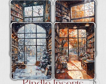May include: Kindle inserts featuring watercolor illustrations of cozy libraries with large windows. The scenes depict different seasons: winter with snow, and autumn with falling leaves. The text "Kindle Inserts" is visible at the bottom.