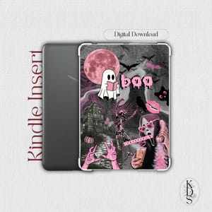 May include: A Kindle Insert with a spooky Halloween design. The cover features a pink moon, bats, ghosts, and a skeleton. The word "boo" is written in pink, and the phrase "Digital Download" is at the top.
