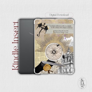 May include: Kindle Insert with a collage design, including a black dragon silhouette, a circular emblem, and architectural details. Text includes "A dragon without its rider is a tragedy" and "Digital Download."