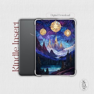 May include: A Kindle Insert with a stained-glass design featuring a mountain landscape under a starry night sky. The design includes a lake, trees, and three circular, glowing orbs. The words "Digital Download" are at the top.