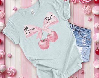 Womens Mon Cheri Cherry T-Shirt, Pink Bow Graphic Tee