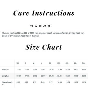 May include: Size chart for a garment with measurements in inches for width, length, and sleeve length. Sizes range from XS to 5XL.