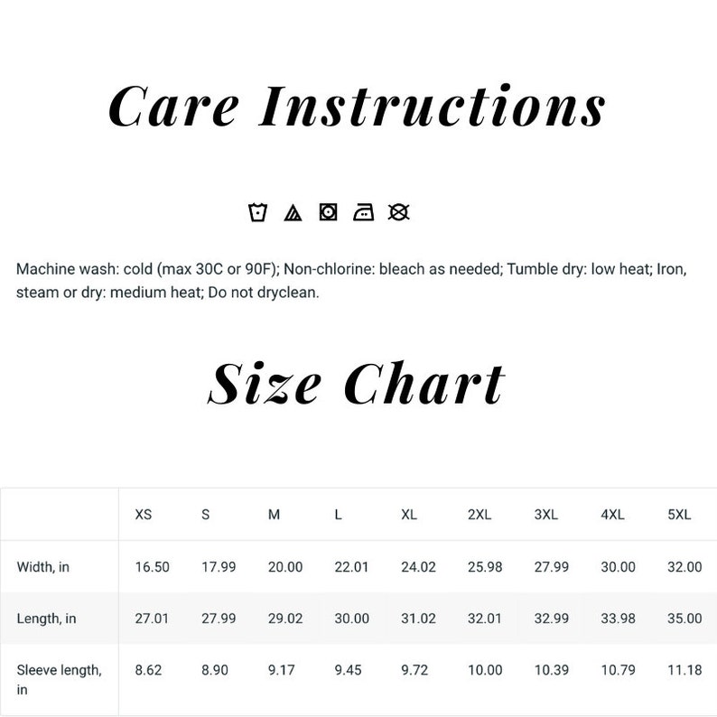 May include: Size chart for a garment with measurements in inches for width, length, and sleeve length. Sizes range from XS to 5XL.