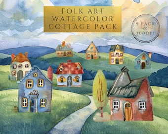 Folk Art Watercolor Cottages Clip Art 9 Pack PLUS 1 *FREE* Background