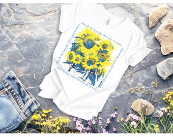 Boho t-shirt med solrosmotiv, blommig t-shirt