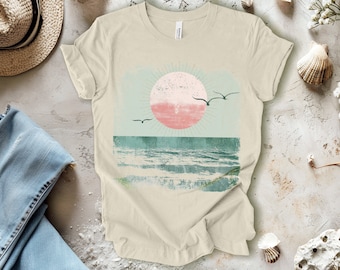 Boho Ocean Sunset T-shirt, Birds Silhouette, Beach Tee