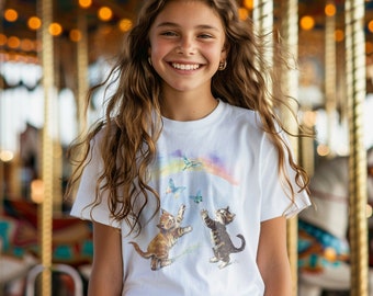 Youth T-Shirt, Watercolor Kittens and Butterflies Design