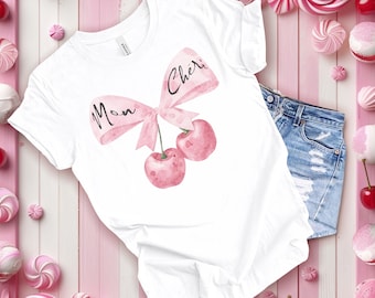 Womens Mon Cheri Cherry Bow Shirt, Trendy Graphic Tee