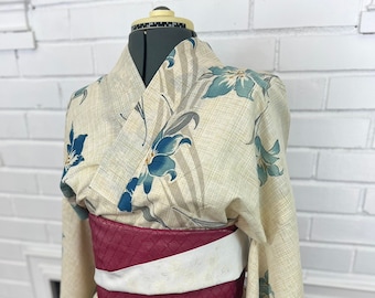 Japanese Blue Lily Yukata: Cotton-Linen Kimono, Size L