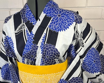 Blue Floral Yukata & Yellow Obi Set: Japanese Cotton Kimono (Size M)